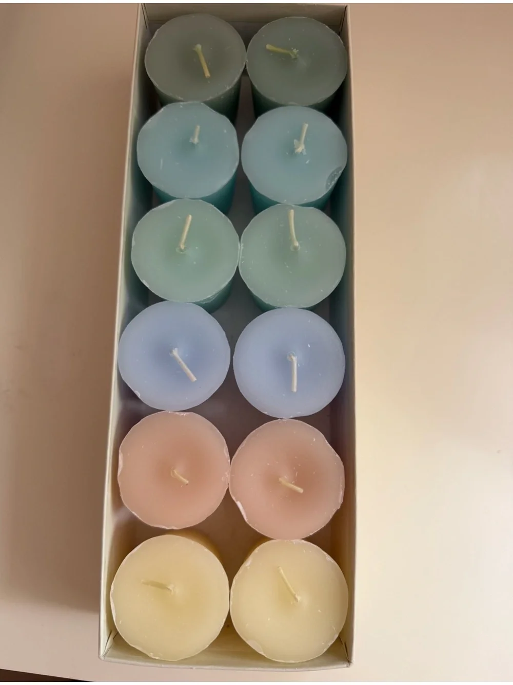 NEW Votive Candles Set of 12 Pastel Colors Unscented Boxed Pillar 2” Tall